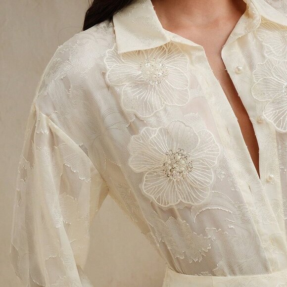 Elegant Women's 3d Flower Embellished  Long Sleeve Blouse & Skirt set - Picture 4 of 7